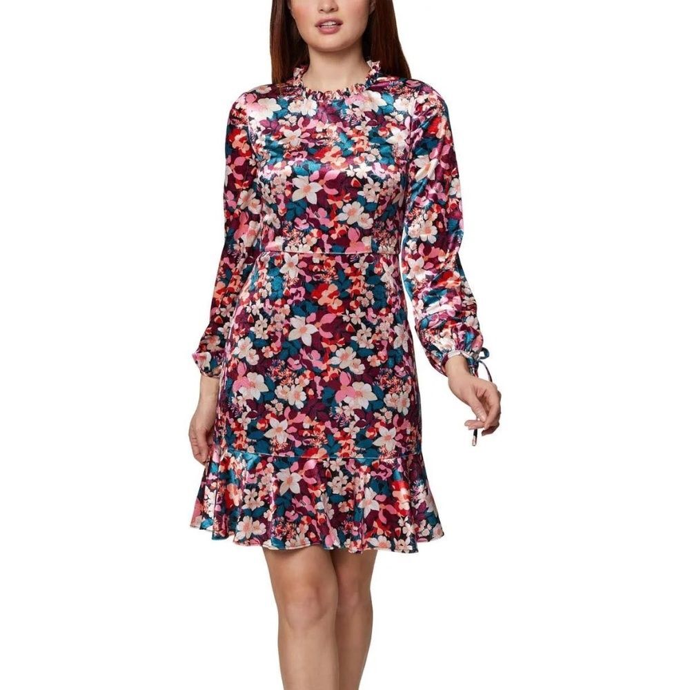 BCBGeneration Floral Velvet Ruffle Trim Mini Dress | Size 10